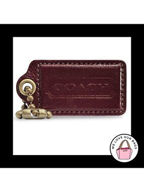 Rare XL COACH HANGTAG 3" Burgundy Red Patent Leather Bag Charm Fob Antique Brass